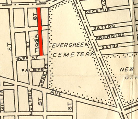 1946 map of Camden with Tioga Street marked in red, running north-south between Mulford Street and Evergreen Cemetery