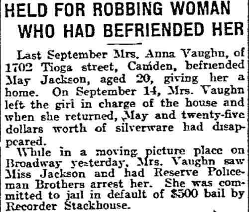 Held for Robbing Woman Who Had Befriended Her — Philadelphia Inquirer, November 24, 1914