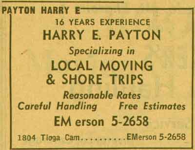 Harry E. Payton at 1804 Tioga Street — 1955 New Jersey Bell Telephone Yellow Pages advertisement