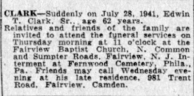 Clark death notice, Camden Courier-Post, July 29, 1941