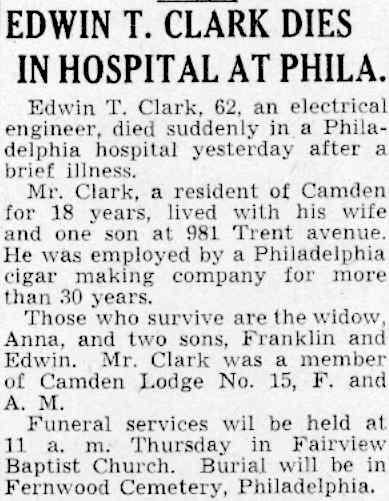 Edwin T. Clark Dies in Hospital at Phila., Camden Courier-Post, July 29, 1941