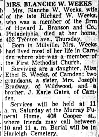 Obituary: Mrs. Blanche W. Weeks, 452 Trenton Avenue, 1957