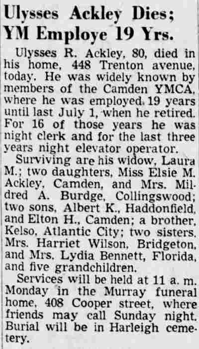 Obituary: Ulysses R. Ackley, 448 Trenton Avenue, 1949