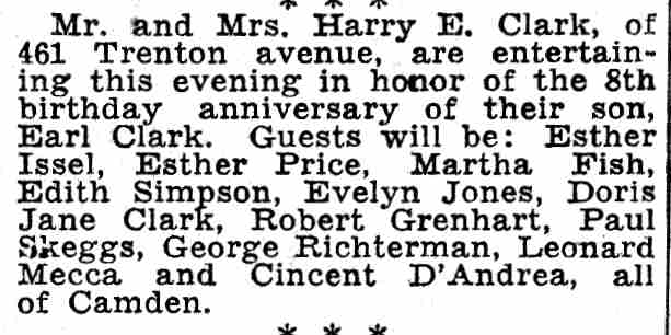 Newspaper item: Harry E. Clark entertains at 461 Trenton Avenue, 1932
