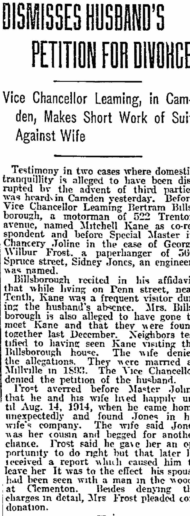 Dismisses Husband's Petition for Divorce - March 25, 1915