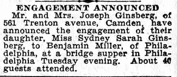 Engagement announcement: Sydney Sarah Ginsberg, 561 Trenton Avenue, 1932