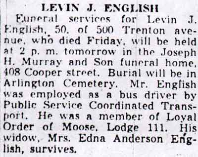 Obituary: Levin J. English, 500 Trenton Avenue, 1939