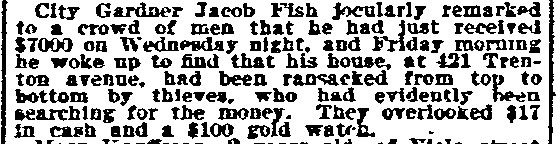 Newspaper clipping about Jacob Fish, 421 Trenton Avenue, 1898