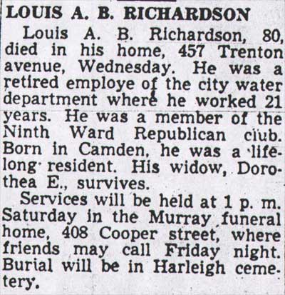 Obituary: Louis A. B. Richardson, 457 Trenton Avenue, 1949