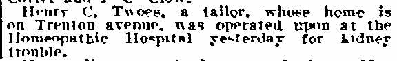 Newspaper clipping: Henry C. Twoes, 538 Trenton Avenue, 1916