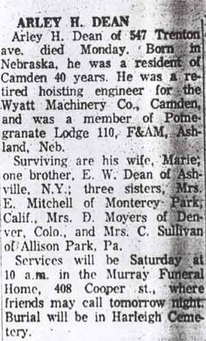 Obituary: Arley H. Dean, 547 Trenton Avenue, 1964