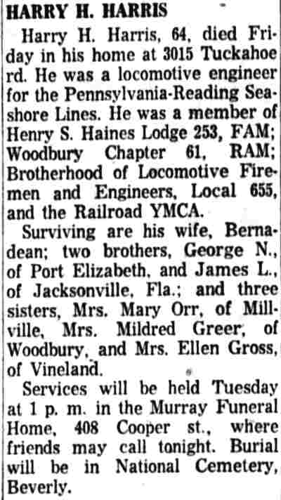 Harry H. Harris obituary — Camden Courier-Post, July 25, 1960