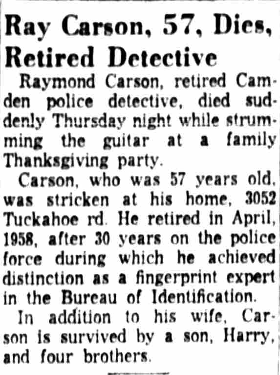 Ray Carson, 57, Dies, Retired Detective — Camden Courier-Post, November 27, 1959