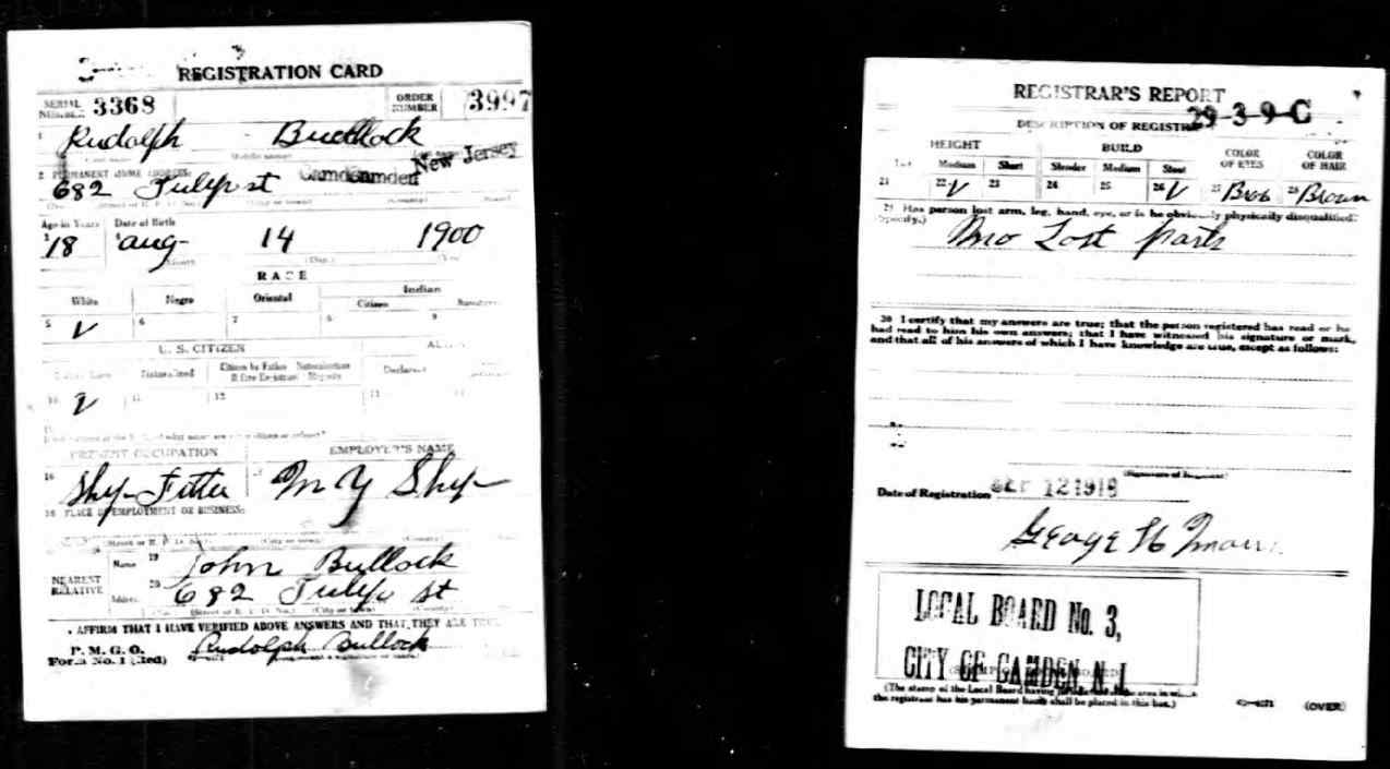 Draft registration card for John Bullock, June 5, 1917