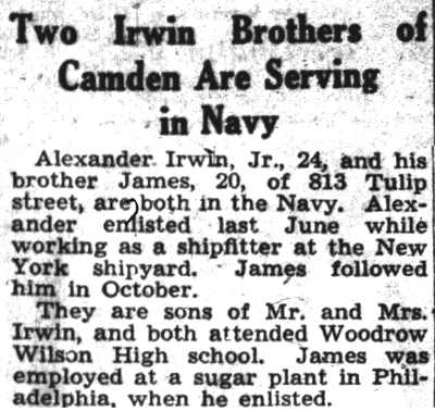 Two Irwin Brothers of Camden Are Serving in Navy, Camden Courier-Post, December 1, 1942