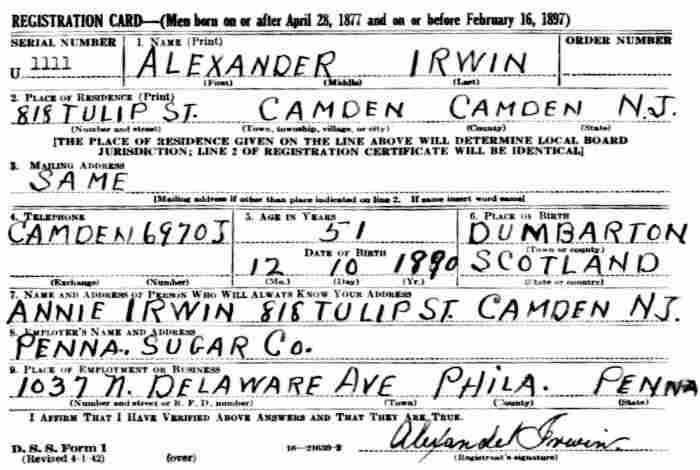 World War II draft registration card for Alexander Irwin, 813 Tulip Street
