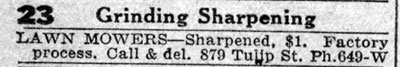 Lawn mower sharpening advertisement, 879 Tulip Street, Camden Courier-Post, June 7, 1933