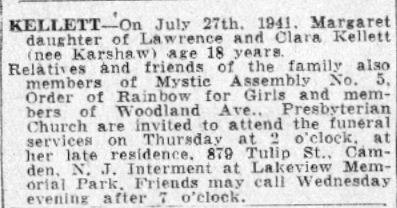 Kellett death notice, Camden Courier-Post, July 29, 1941