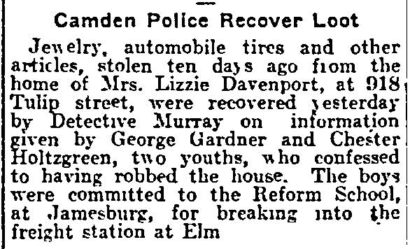 Camden Police Recover Loot — Mrs. Lizzie Davenport, 918 Tulip Street, Philadelphia Inquirer, August 9, 1916