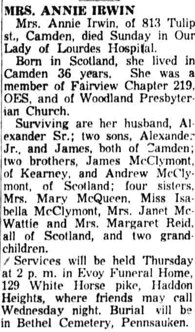 Mrs. Annie Irwin obituary, Camden Courier-Post, March 13, 1956