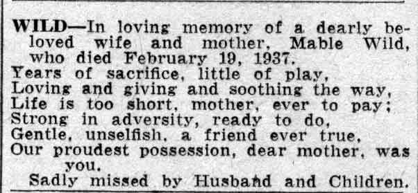 In memory of Mable Wild, Camden Courier-Post, February 19, 1938