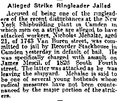 Alleged Strike Ringleader Jailed — Philadelphia Inquirer, July 11, 1915