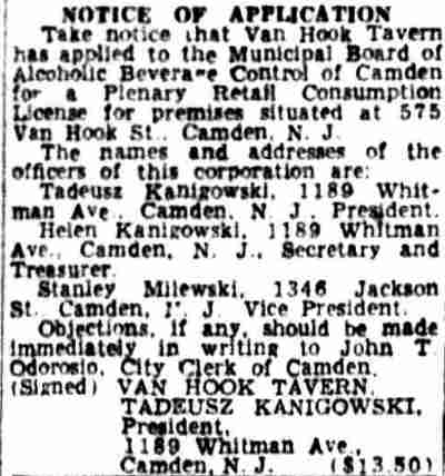 1959 Courier-Post notice of application for Van Hook Tavern, showing Stanley Milewski of 1346 Jackson Street as Vice President