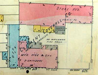 615–619 Van Hook Street — 1912 Sanborn Map showing Clement Coverall Company