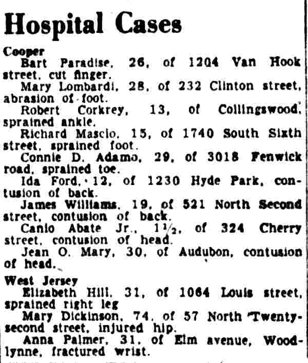 Hospital Cases column, Camden Courier-Post, November 20, 1949