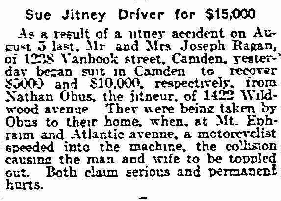 Sue Jitney Driver for $15,000 — Philadelphia Inquirer, September 11, 1917