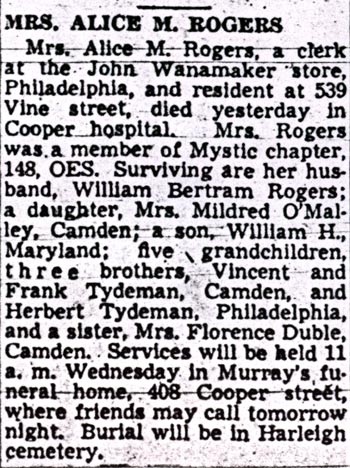 539 Vine Street — Alice M. Tydeman Rogers, Camden Courier-Post May 1, 1949