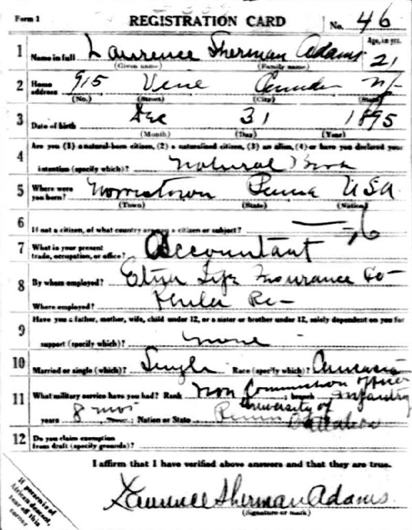 915 Vine Street — Lawrence Sherman Adams, World War I draft registration card