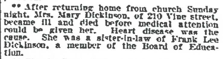207 Vine Street — Mrs. Mary Dickinson, 1911