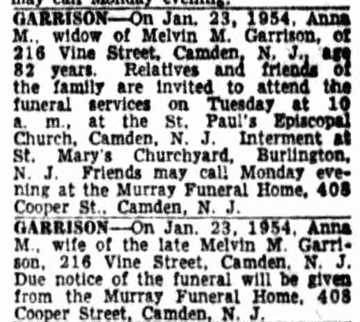 216 Vine Street — Melvin Garrison & Family, Camden Courier-Post January 23, 1954