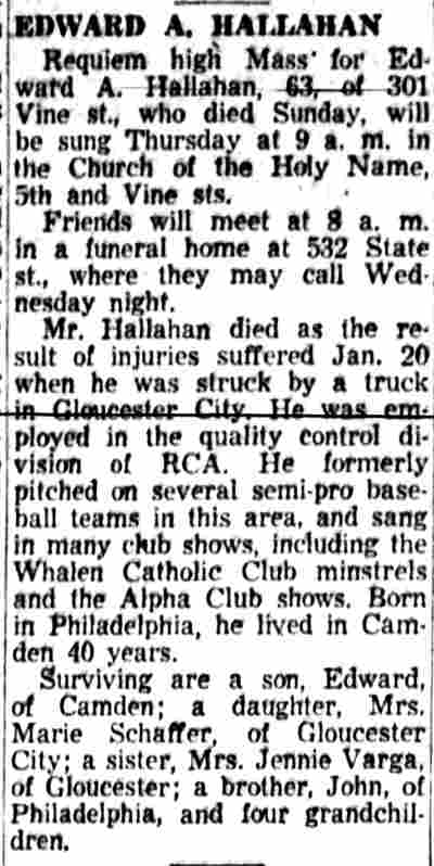 301 Vine Street — Edward Hallahan Sr. & Family, Camden Courier-Post February 5, 1957