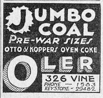 Oler Coal advertisement — Jumbo Coal, Pre-War Sizes, Otto & Koppers Oven Coke, 326 Vine Street, Camden, October 1931
