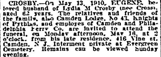 416 Vine Street — Eugene Crosby & Family, Philadelphia Inquirer May 15, 1910