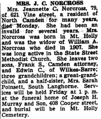 621 Vine Street — Mrs. Jeanette C. Norcross, Camden Courier-Post March 12, 1941