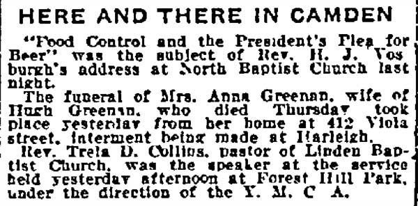 Here and There in Camden — Philadelphia Inquirer, October 12, 1917