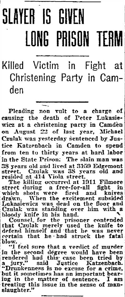 Slayer Is Given Long Prison Term — Philadelphia Inquirer, July 6, 1921