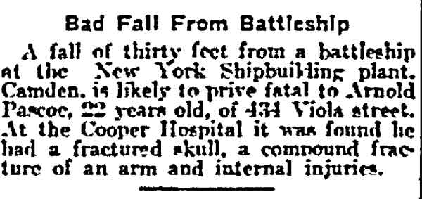 Bad Fall From Battleship — Philadelphia Inquirer, January 26, 1911