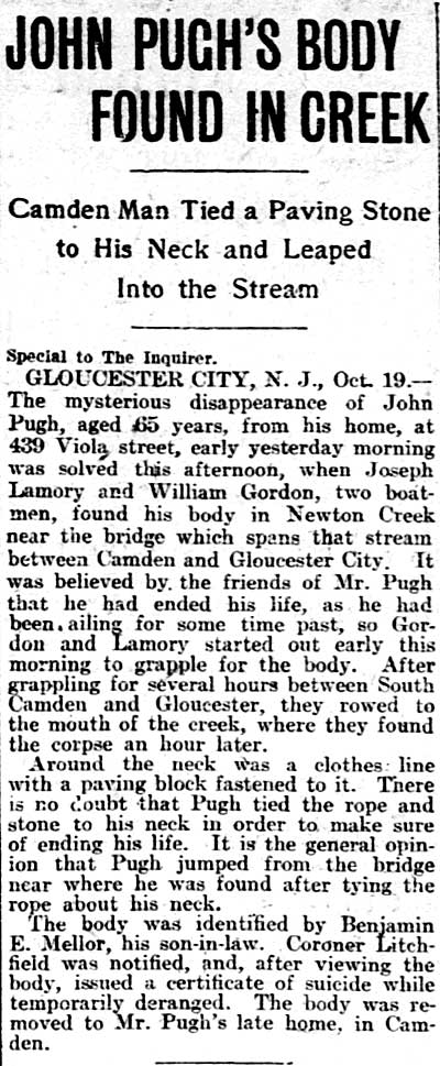 John Pugh's Body Found in Creek — Philadelphia Inquirer, October 20, 1902