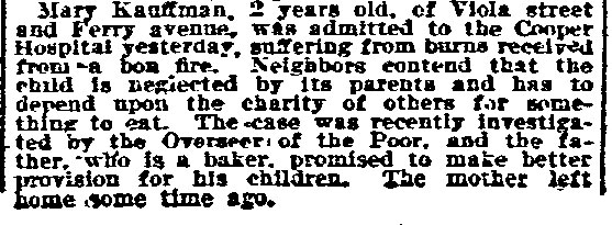 Child Neglected, Injured by Fire — Philadelphia Inquirer, September 11, 1898