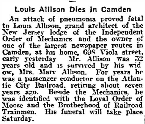 Louis Allison Dies in Camden — Philadelphia Inquirer, October 18, 1916