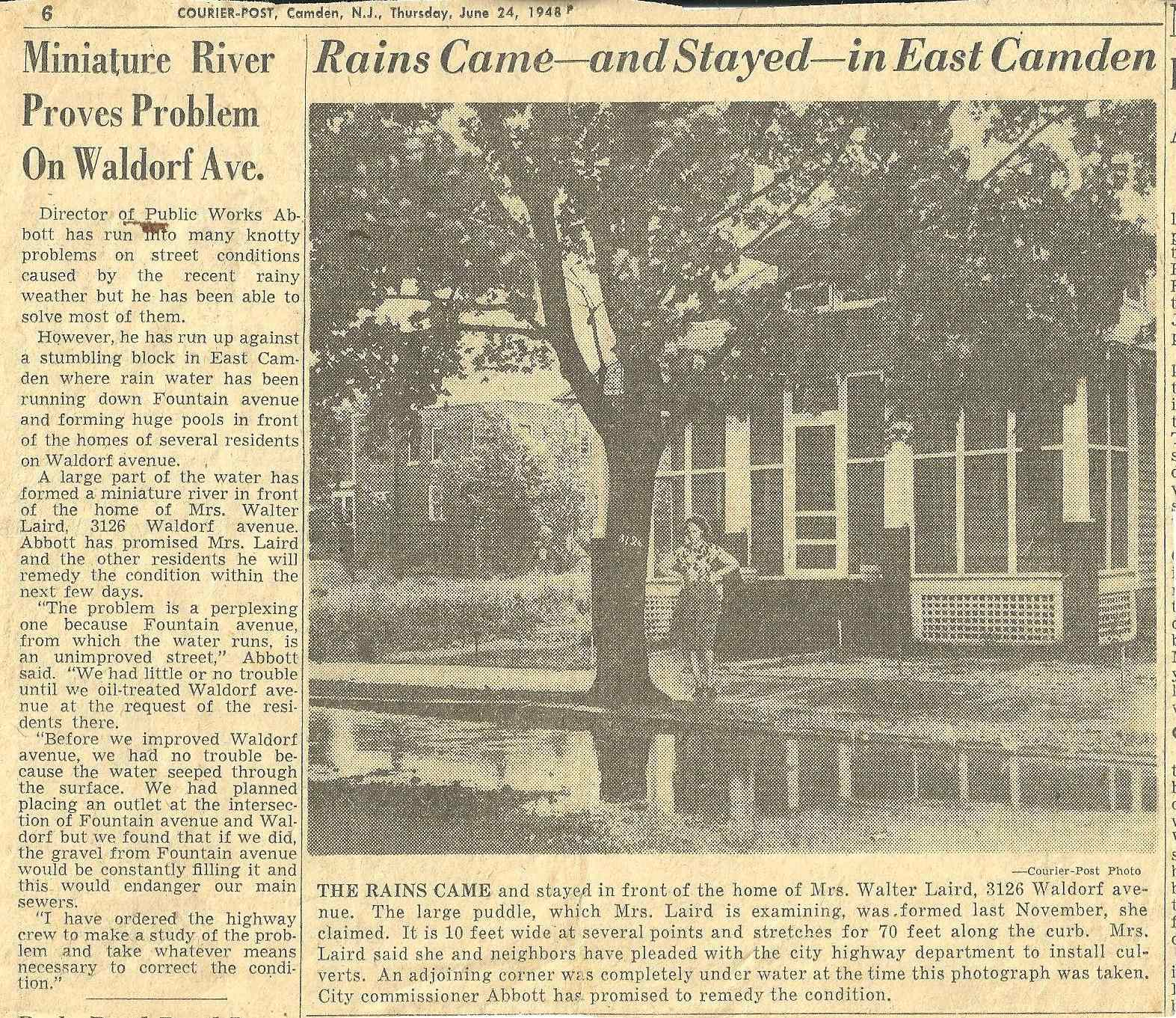 Miniature River Proves Problem On Waldorf Ave. — Camden Courier-Post, June 24, 1948