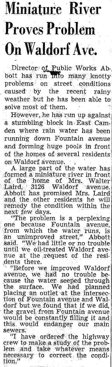 Miniature River Proves Problem On Waldorf Ave. (text) — Camden Courier-Post, June 24, 1948