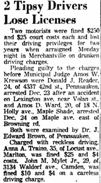 2 Tipsy Drivers Lose Licenses — Camden Courier-Post, January 4, 1955
