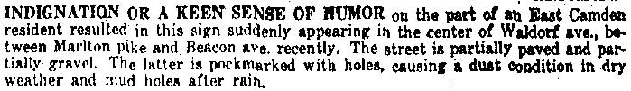 Waldorf Avenue road conditions article — Camden Courier-Post, August 30, 1954