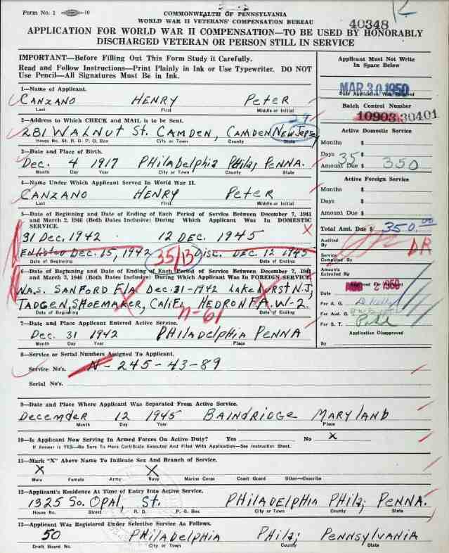 Henry P. Canzano WWII compensation document, 281 Walnut Street