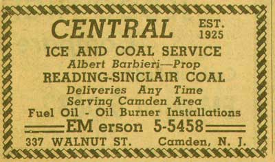 337 Walnut Street, New Jersey Bell Yellow Pages ad, 1955 — Central Ice and Coal